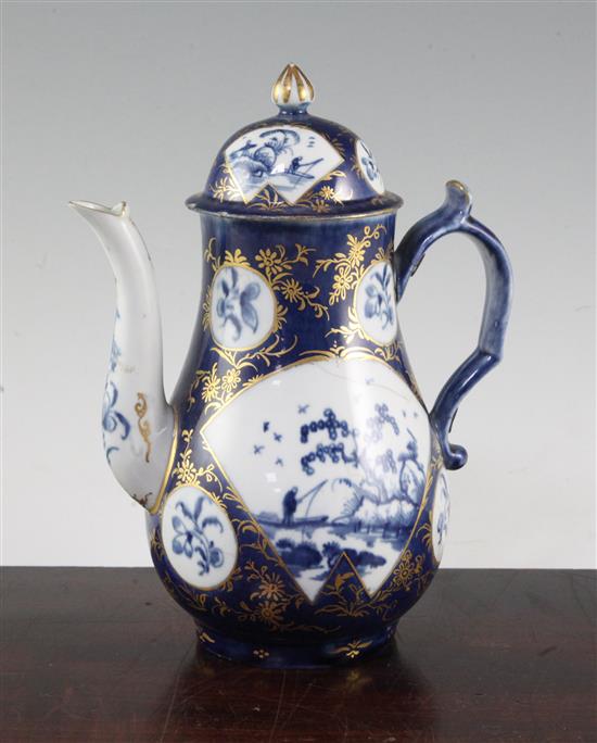 A Worcester powder blue ground coffee pot and cover, c.1760-70, 23cm, damaged